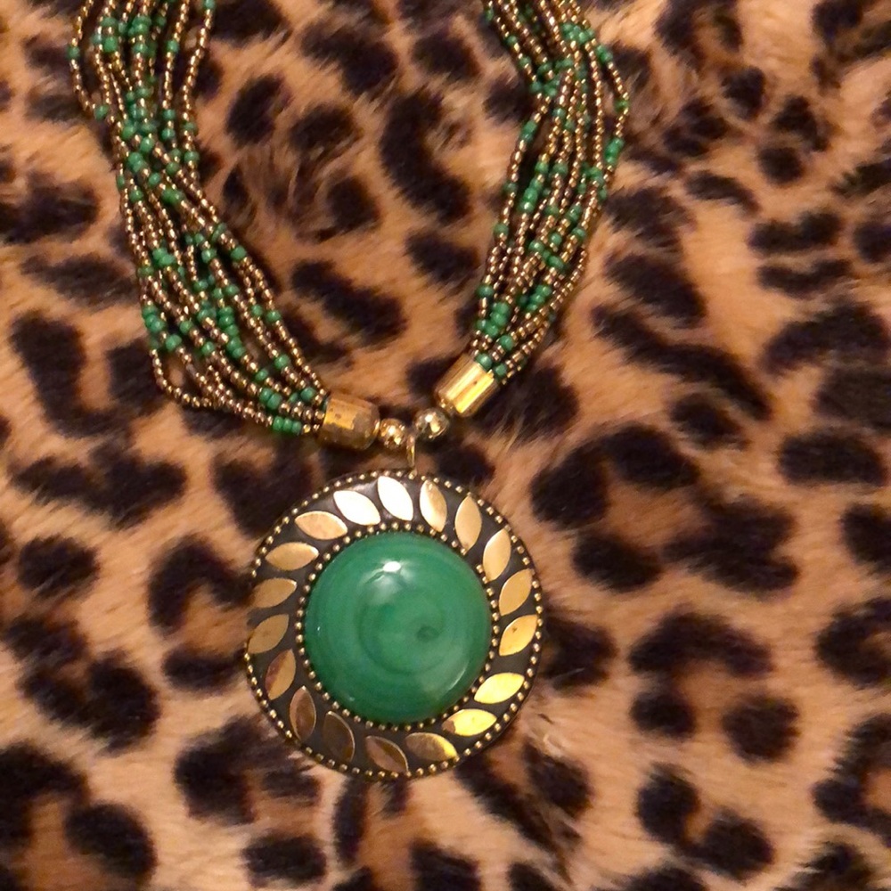 Gorgeous “gold/jade green” Beaded Necklace